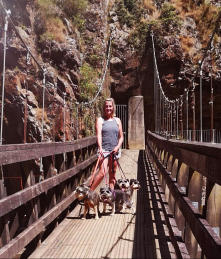 Leah walking her Miniature Schnauzers